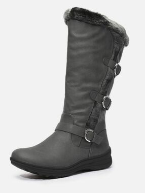 Women's Gray Faux-Fur Mid-Calf Winter Boots with Buckle Detail